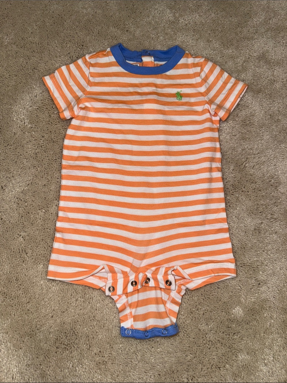 Ralph Lauren Orange & White Striped Baby Romper with Blue Trim